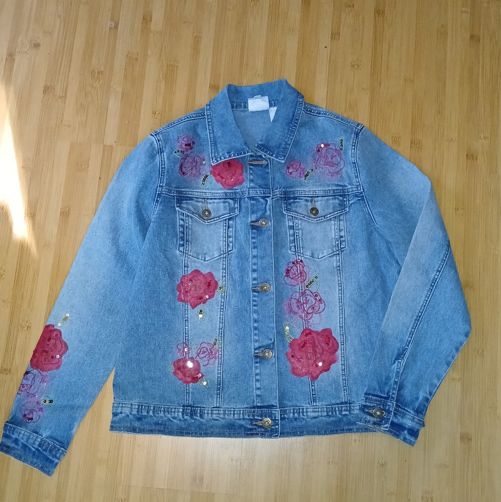 NWOT Diane Gilman Blue Denim Jacket with Red Floral Roses Embroidery Med Sequins